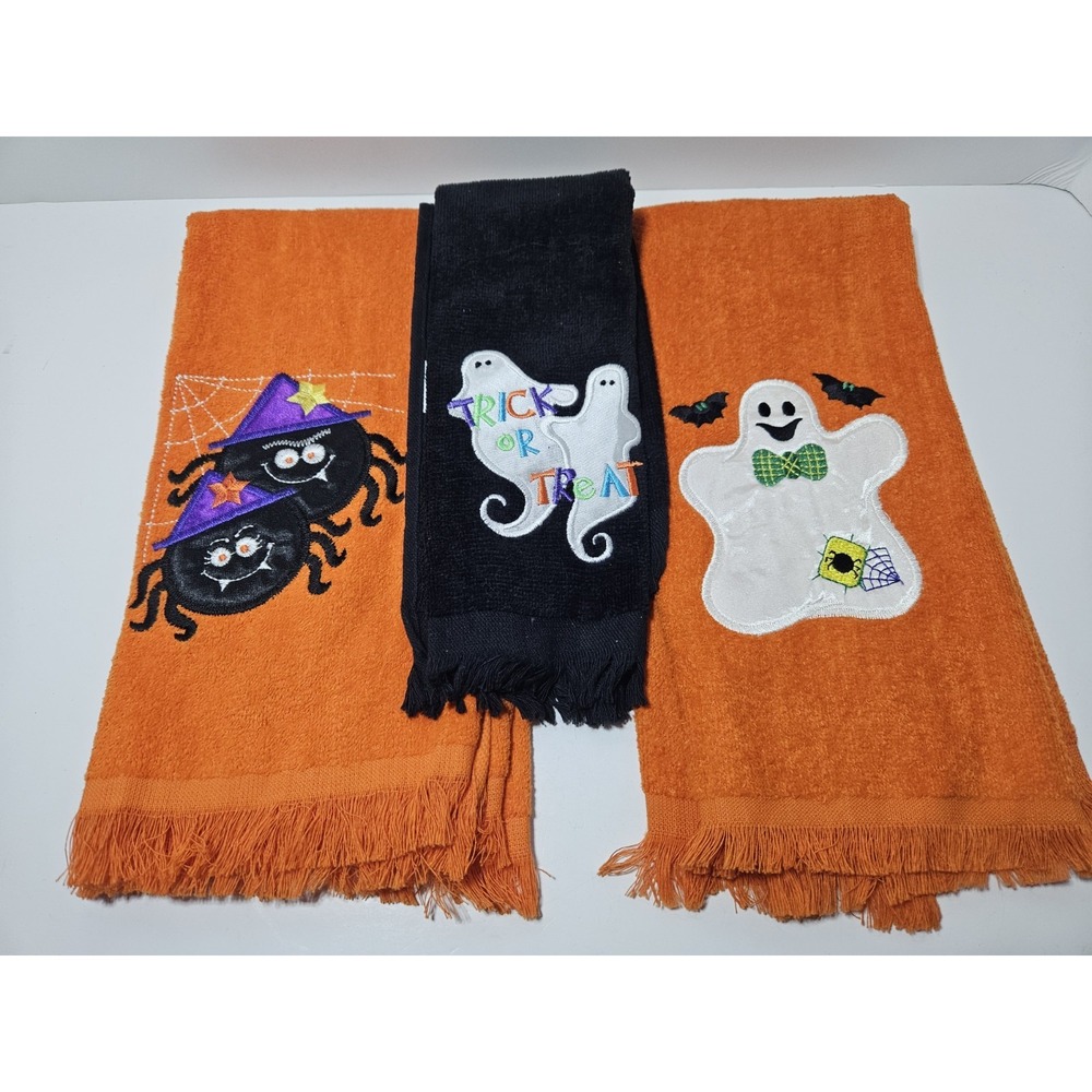 Halloween Hand Towel Set 3 Spooky Ghost Spider Trick Or Treat Orange Black